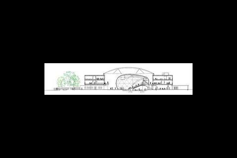 A section through the school showing the roofed over courtyard and the 400-seat auditorium. 